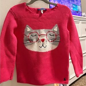 Joules Bright Pink Girls' Cat Sweater with Glasses Motif